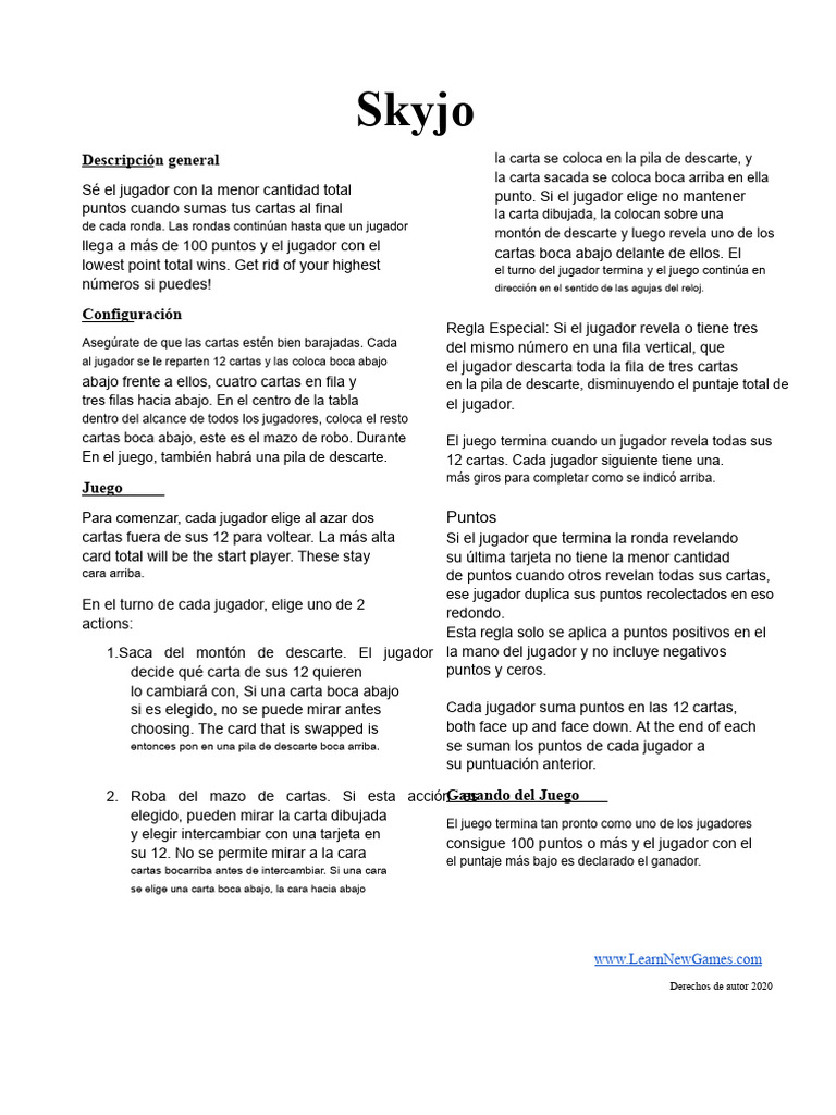 Reglas del juego Skyjo: Guía completa | PDF | Jugando a las cartas ...