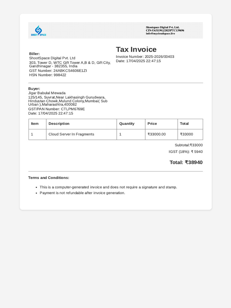 Invoice for Cloud Server Purchase | PDF
