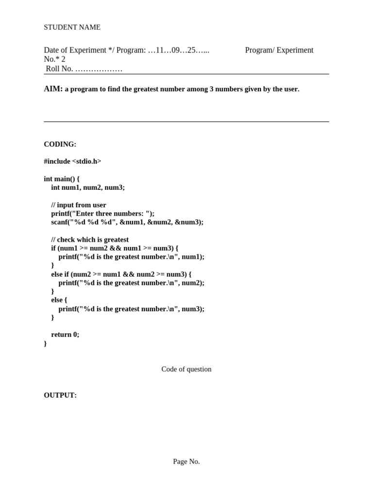 Find Greatest Number in C Program | PDF