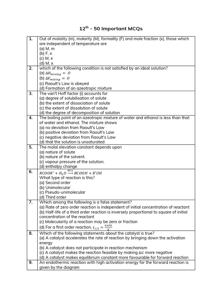 50 Essential Chemistry MCQs for Students | PDF | Chemical Reactions ...