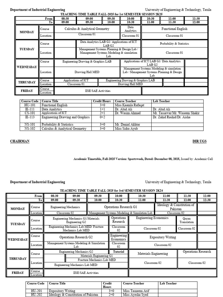 Fall 2025 Industrial Engineering Timetable | PDF