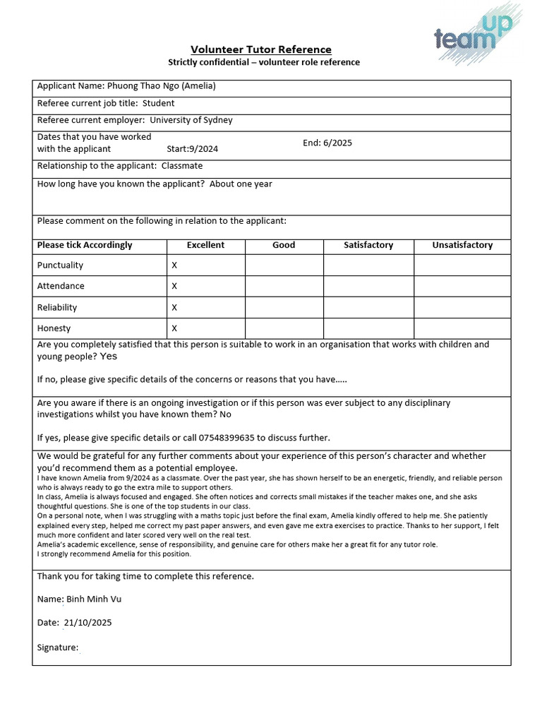 Team Up Volunteer Tutor Reference Template | PDF