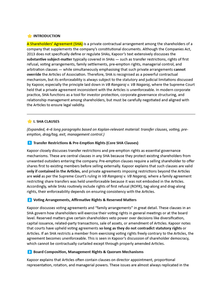 Understanding Shareholders' Agreements (SHA) | PDF | Arbitration ...