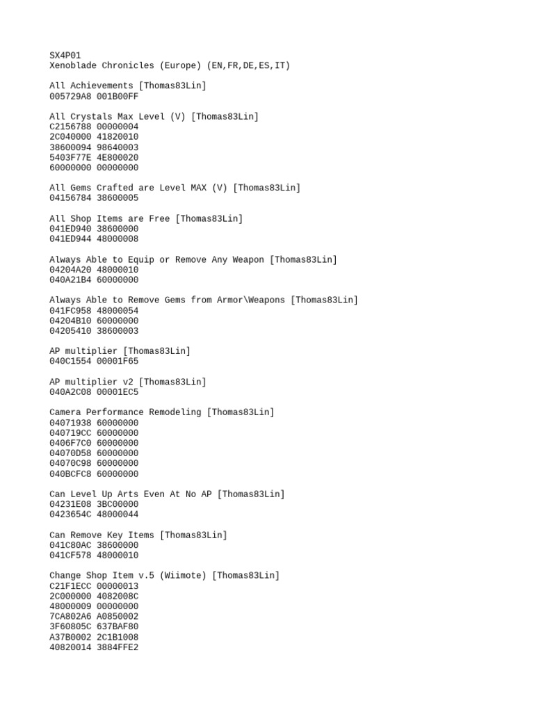 Xenoblade Chronicles Cheat Codes Guide | PDF | Electronic Games | Video ...