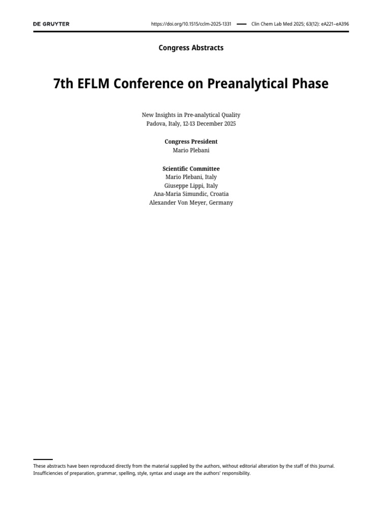 EFLM Conference 2025 Abstracts on Preanalytical Phase | PDF | Blood ...