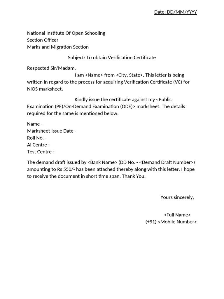 NIOS Verification Certificate Request Letter | PDF
