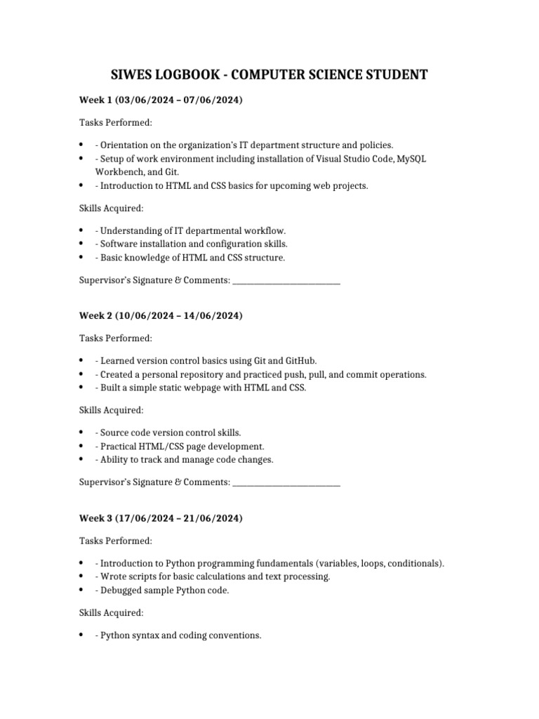 SIWES Logbook: Computer Science Skills | PDF | Databases | My Sql