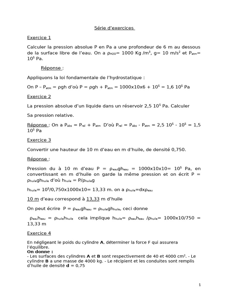 Calculs de Pression en Hydrostatique | PDF | Ingénierie mécanique ...