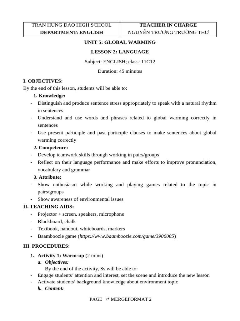 Global Warming English Lesson Plan | PDF | Word | Sentence (Linguistics)