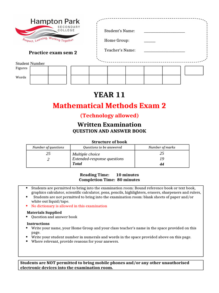 Maths Methods Year 11 Practice Exam Answers Sem 2 | PDF | Multiple Choice