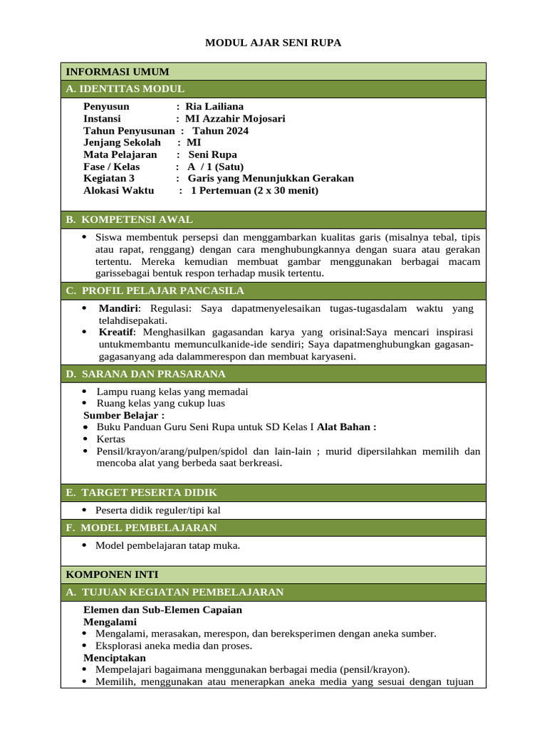 Modul Ajar Seni Rupa Kelas 1 MI | PDF