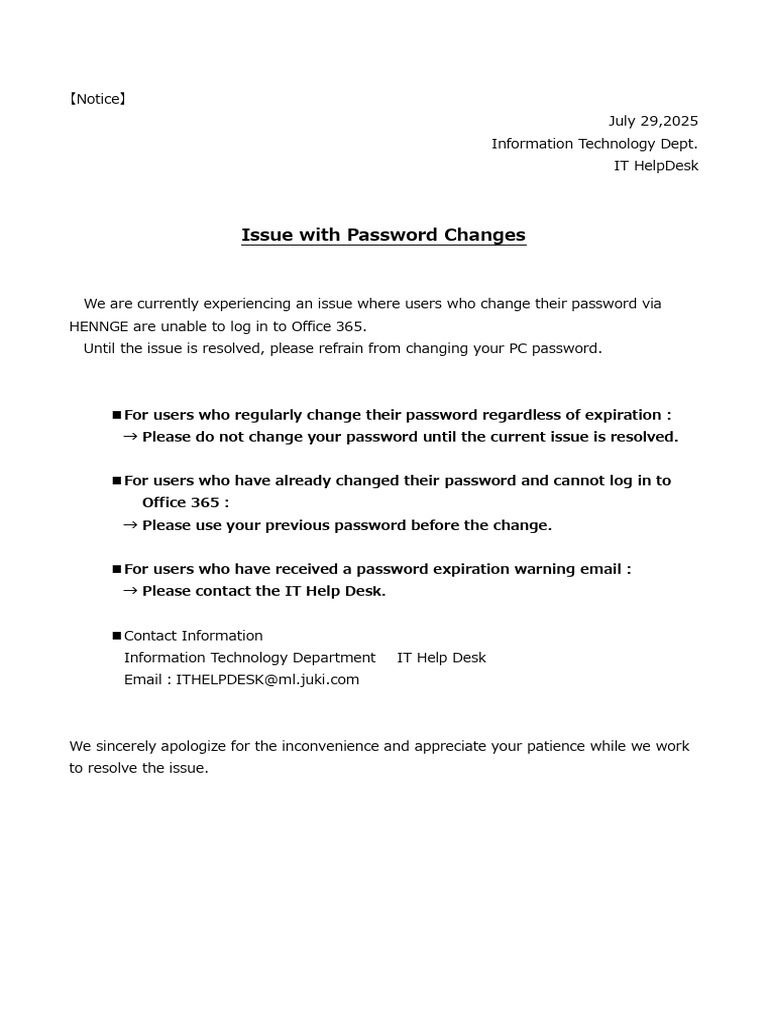 【Notice】Office365 Login Issue Due to Password Change | PDF