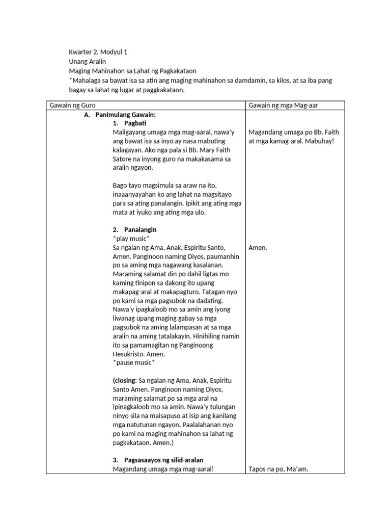 A. Panimulang Gawain: 1. Pagbati | PDF