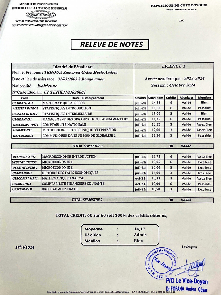Relevé de Notes - TEHOUA by Iscanner | PDF