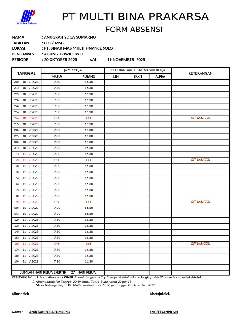 Form Absensi Karyawan PT MBP 2025 | PDF