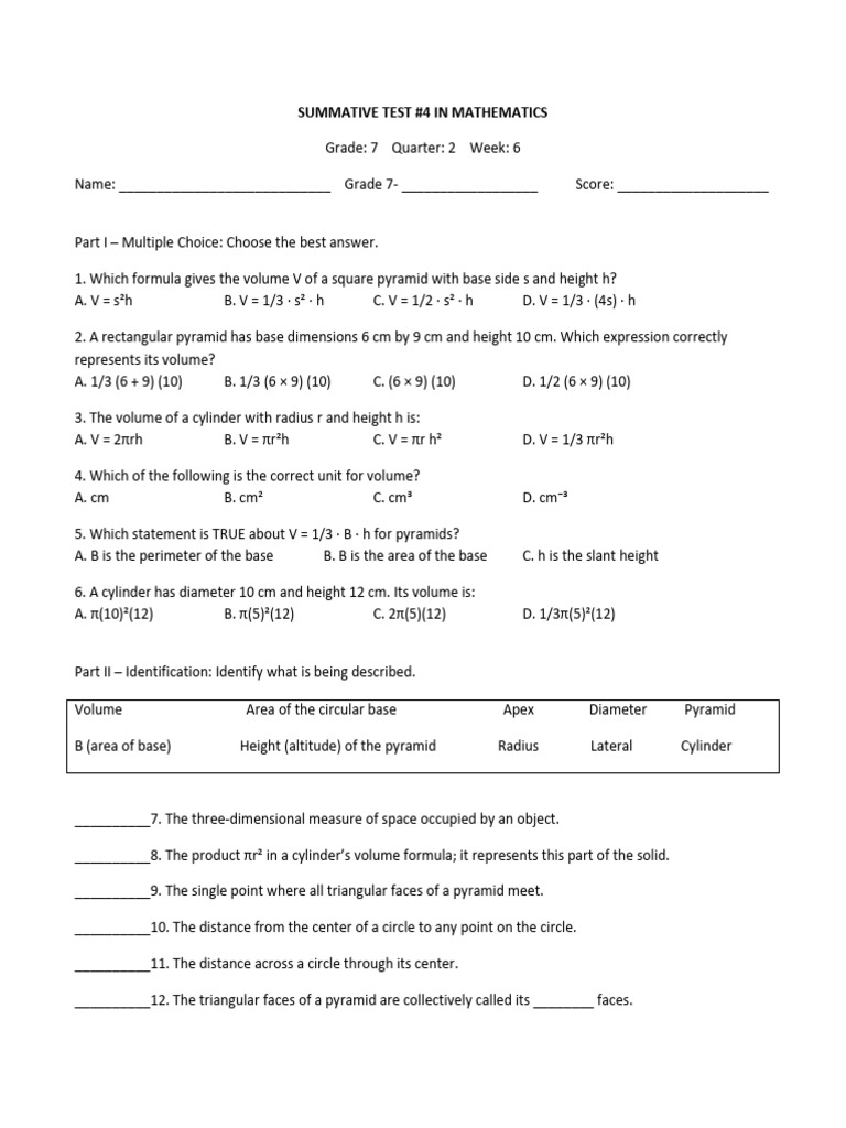 Grade 7 Math Volume Test | PDF | Triangle | Area