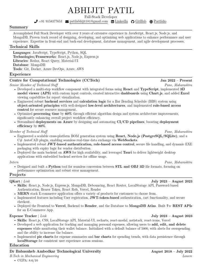 Full Stack Developer Resume Overview | PDF | Microsoft Azure | Databases