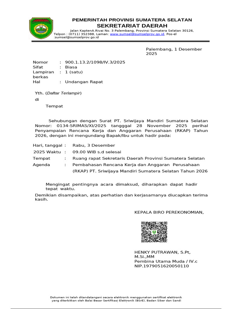 Undangan Rapat RKAP 2026 Sumsel | PDF
