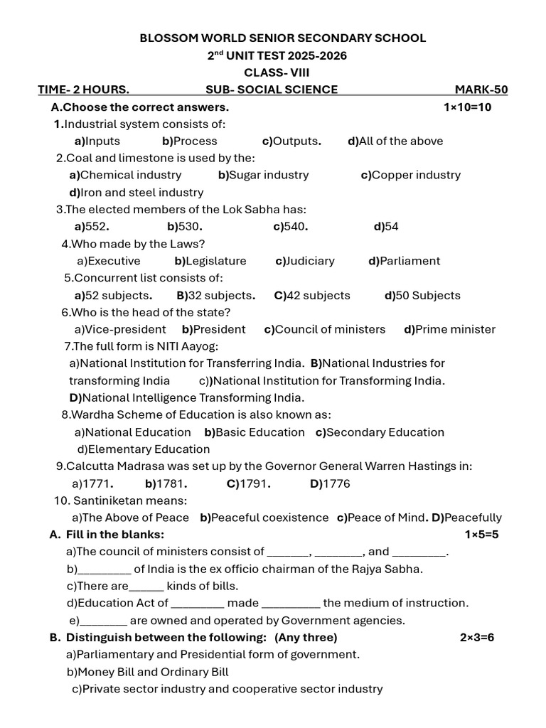 Class VIII Social Science Unit Test 2025 | PDF | Government