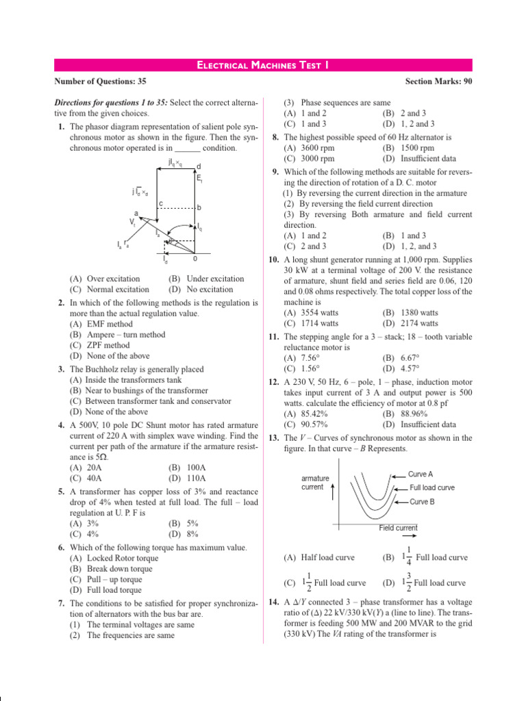 Electrical Machines Test Questions | PDF | Electric Motor | Transformer