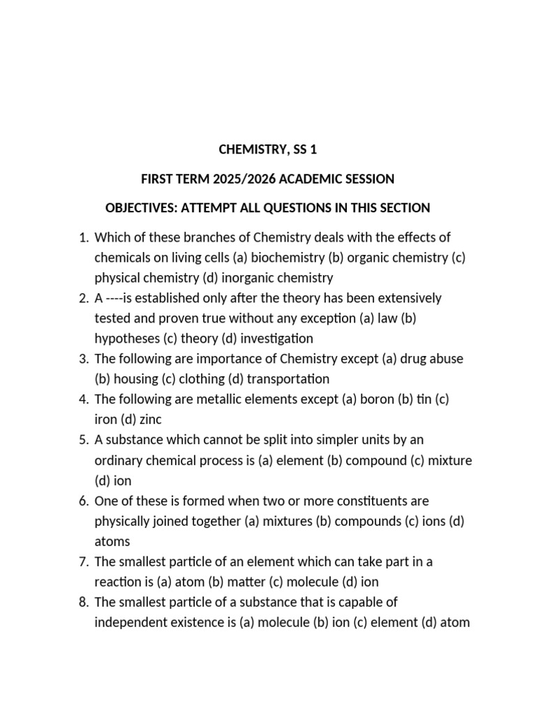 SS1-SS3 Chemistry Exam Questions 2025 | PDF | Chemistry | Chemical Bond