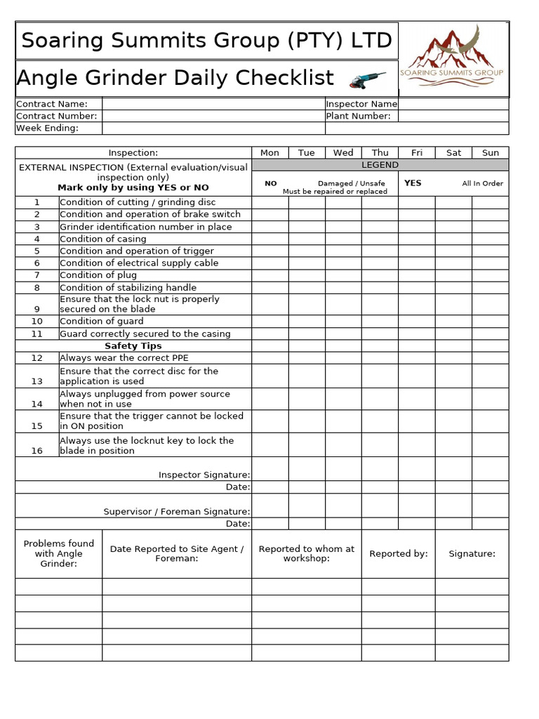 Angle Grinder Daily Inspection Checklist | PDF