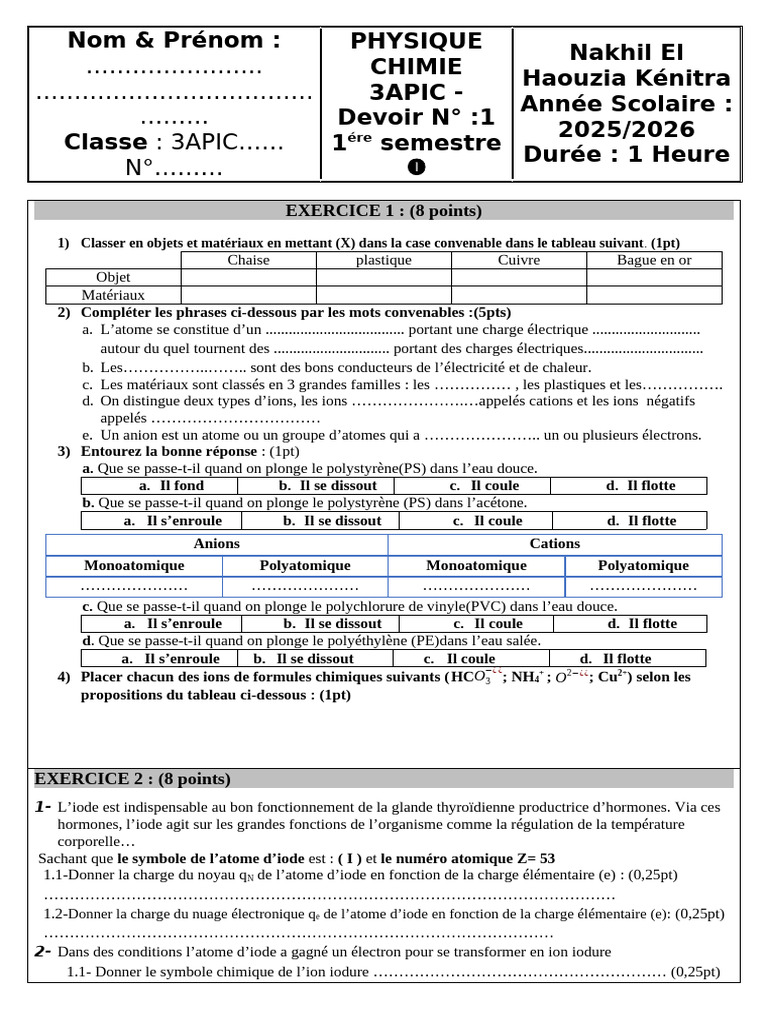 Devoir de Physique-Chimie 3APIC Semestre 1 | PDF | Ion | Atomes