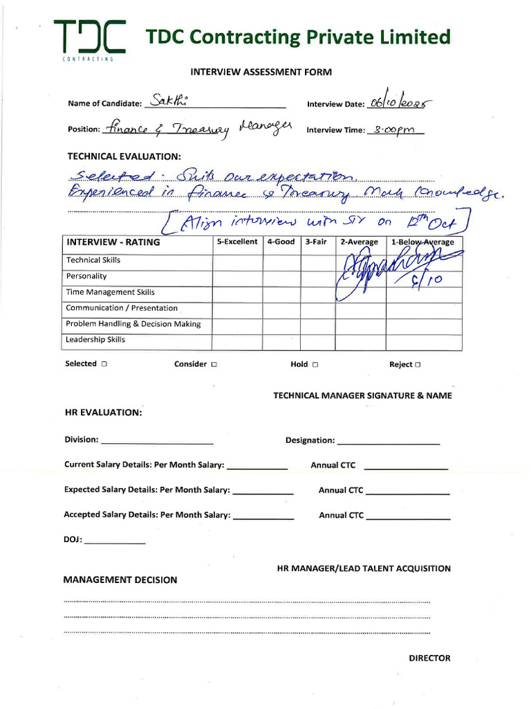 Sakthi - Treasury Manager - Interview Feedback Form | PDF