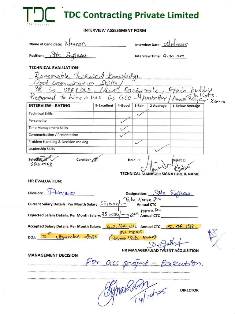 Naveen Ragul - Site Engineer - Interview Feedback Form | PDF