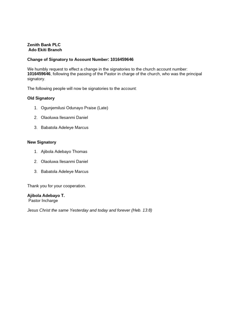 Change of Signatory Request for Church Account | PDF