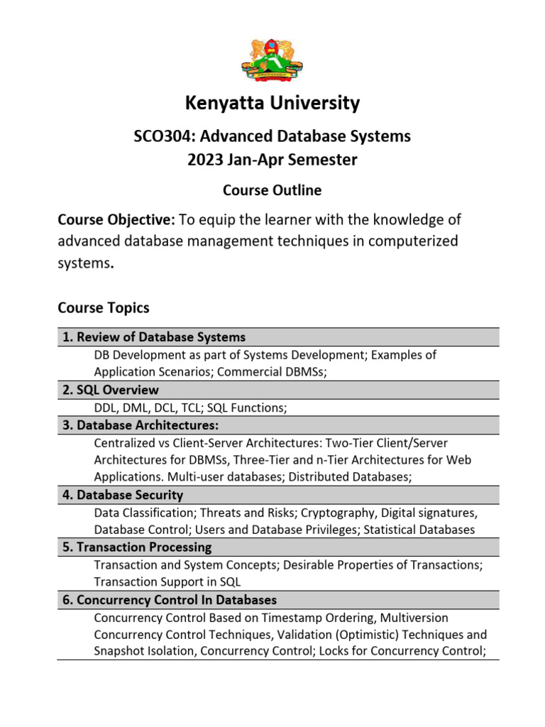 Advanced Database Systems Course Outline | PDF