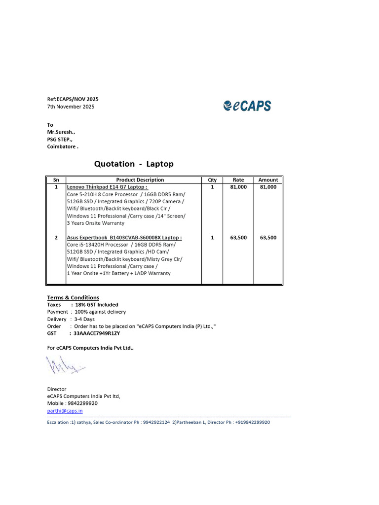 Laptop Quotation for eCAPS Computers | PDF