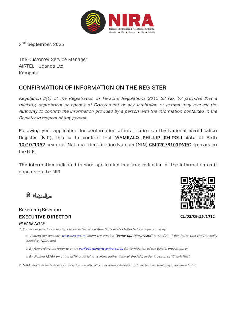 Confirmation of Information | PDF