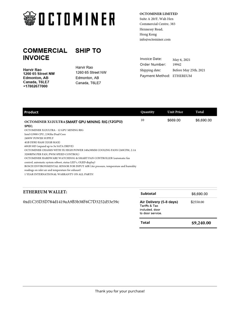 Octominer X12 Ultra GPU Mining Invoice | PDF | Computer Architecture ...