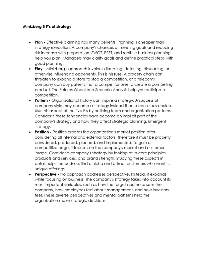 Mintzberg's 5 P's of Strategy Explained | PDF