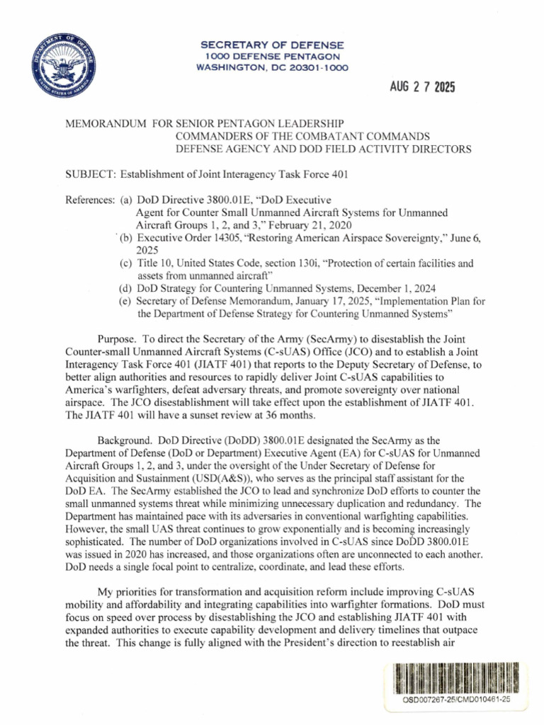 Establishing Joint Interagency Task Force 401 | PDF | United States ...