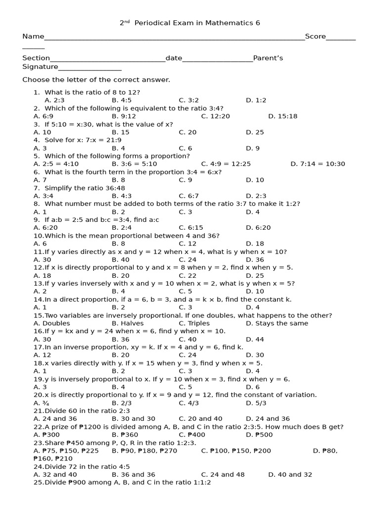 2nd Periodical Exam in Mathematics 6 | PDF | Mathematics
