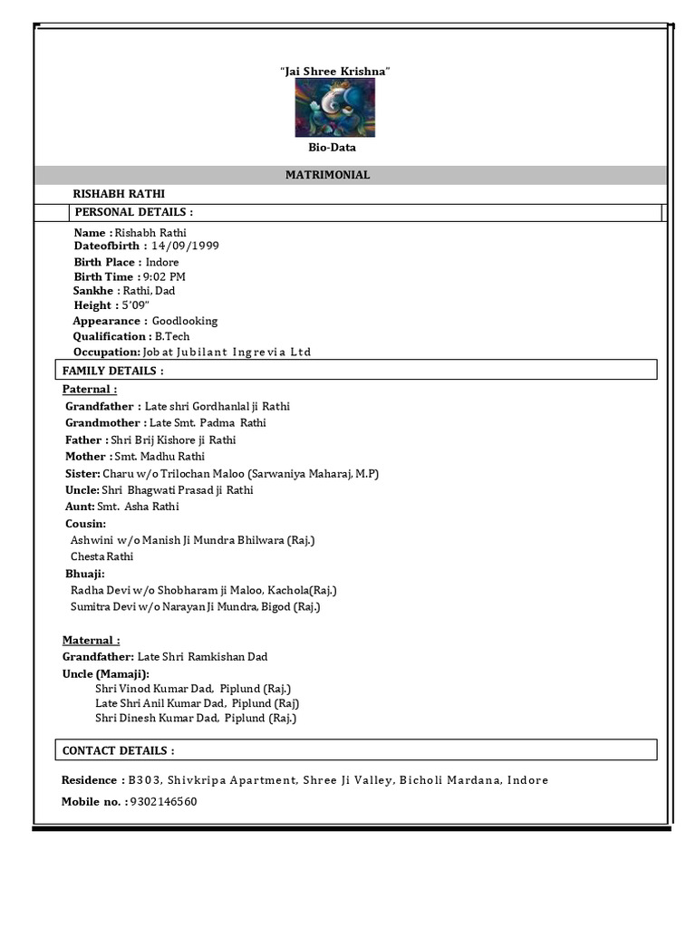 Matrimonial Bio-Data of Rishabh Rathi | PDF