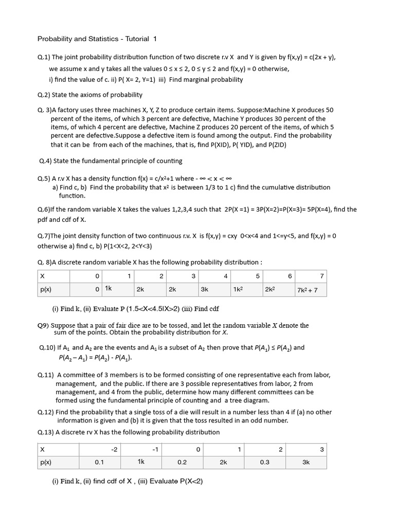 Probability and Statistics- Tutorial 1 | PDF | Probability | Random ...