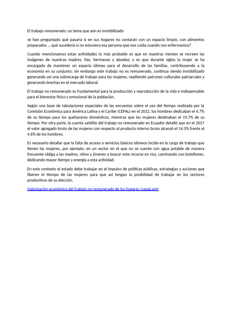 El Trabajo No Remunerado de Las Mujeres | PDF