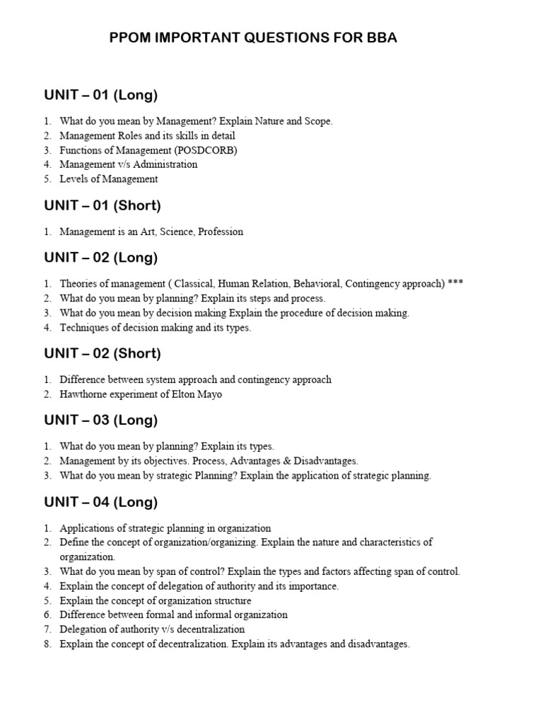 PPOM (BBA) Important Questions | PDF | Concept | Decision Making