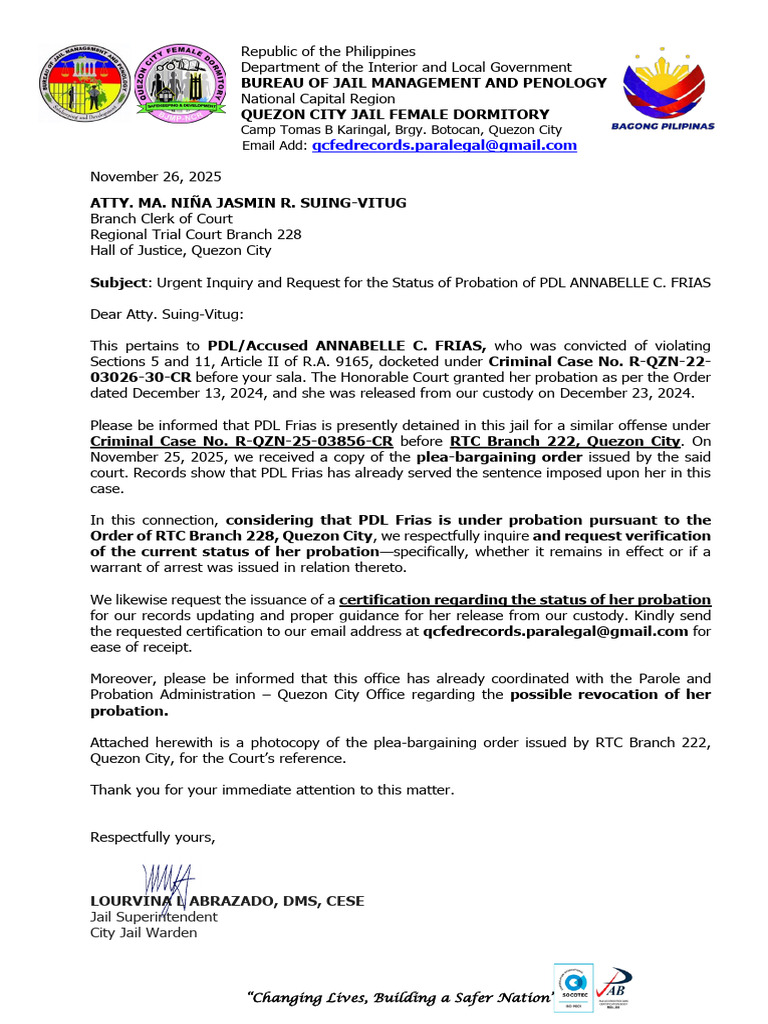 Urgent Inquiry and Request for the Status of Probation of PDL Annabelle ...