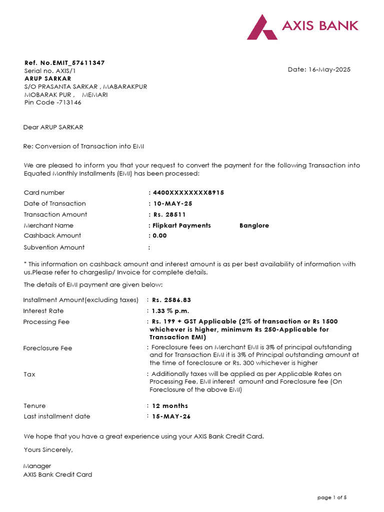 EMI Conversion Confirmation Letter | PDF | Credit Card | Debit Card