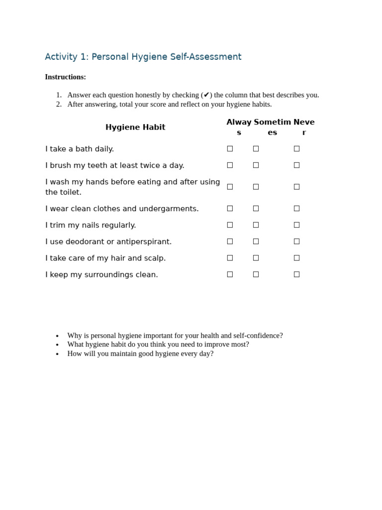 Personal Hygiene Self-Assessment Guide | PDF