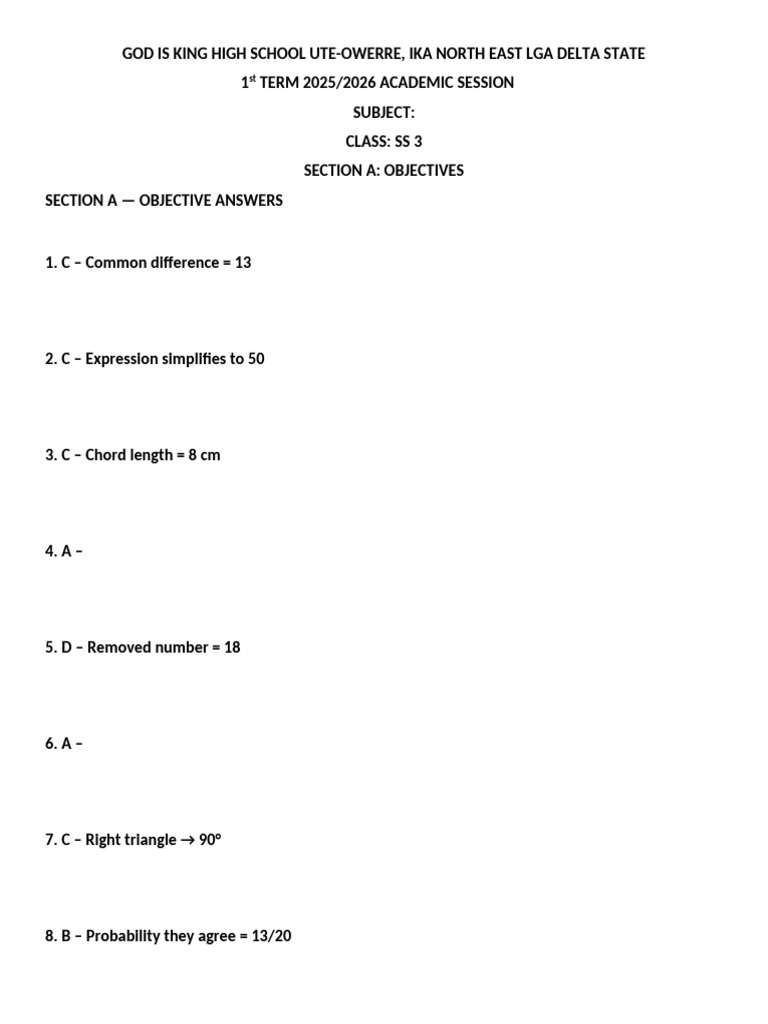 SS3 1st Term Exam Answers 2025/2026 | PDF