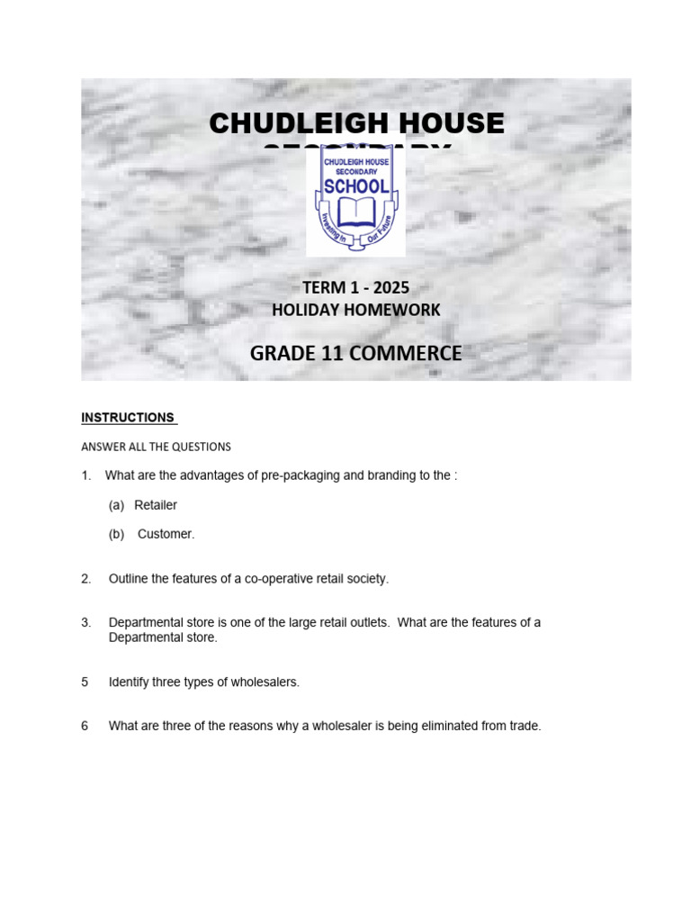 Grade 11 Commerce Retail Homework Guide | PDF