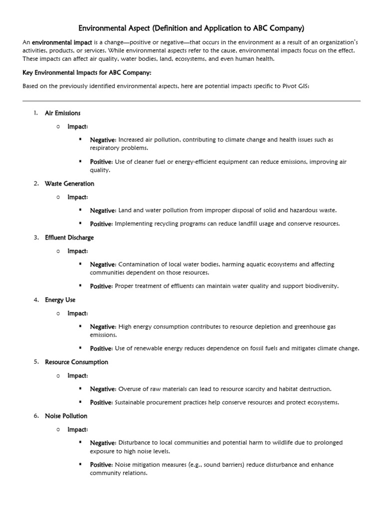 Environmental Aspects and Impact XYZ Company | PDF | Pollution ...