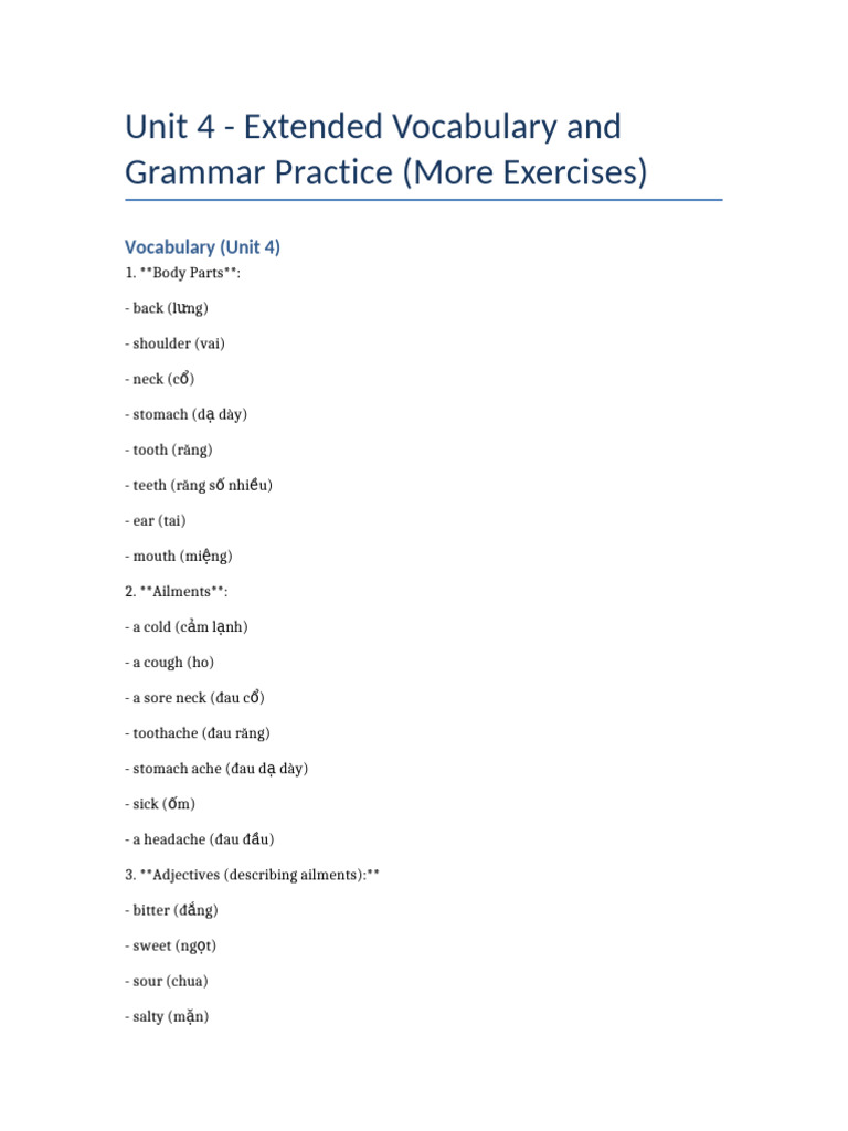 Vocabulary and Grammar Practice Unit 4 | PDF