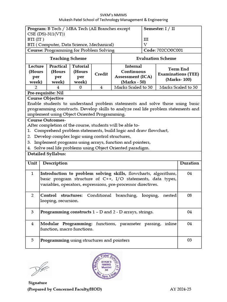 Programming for Problem Solving Syllabus | PDF | C++ | Object Oriented ...