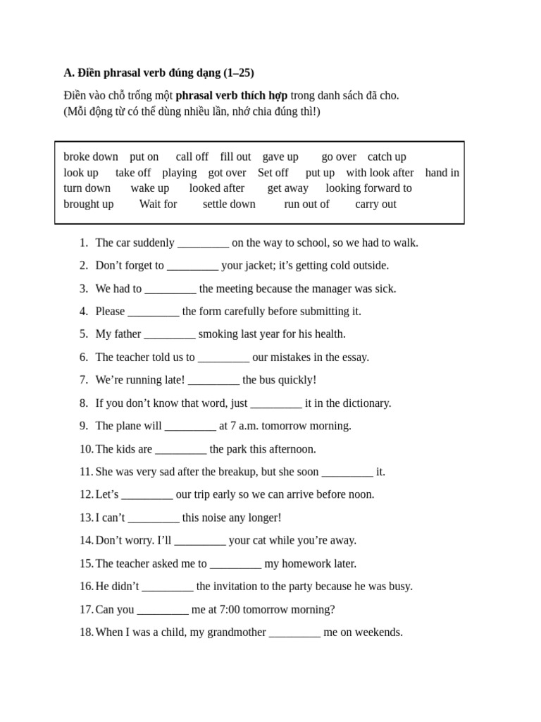 Phrasal Verb Exercises and Answers | PDF